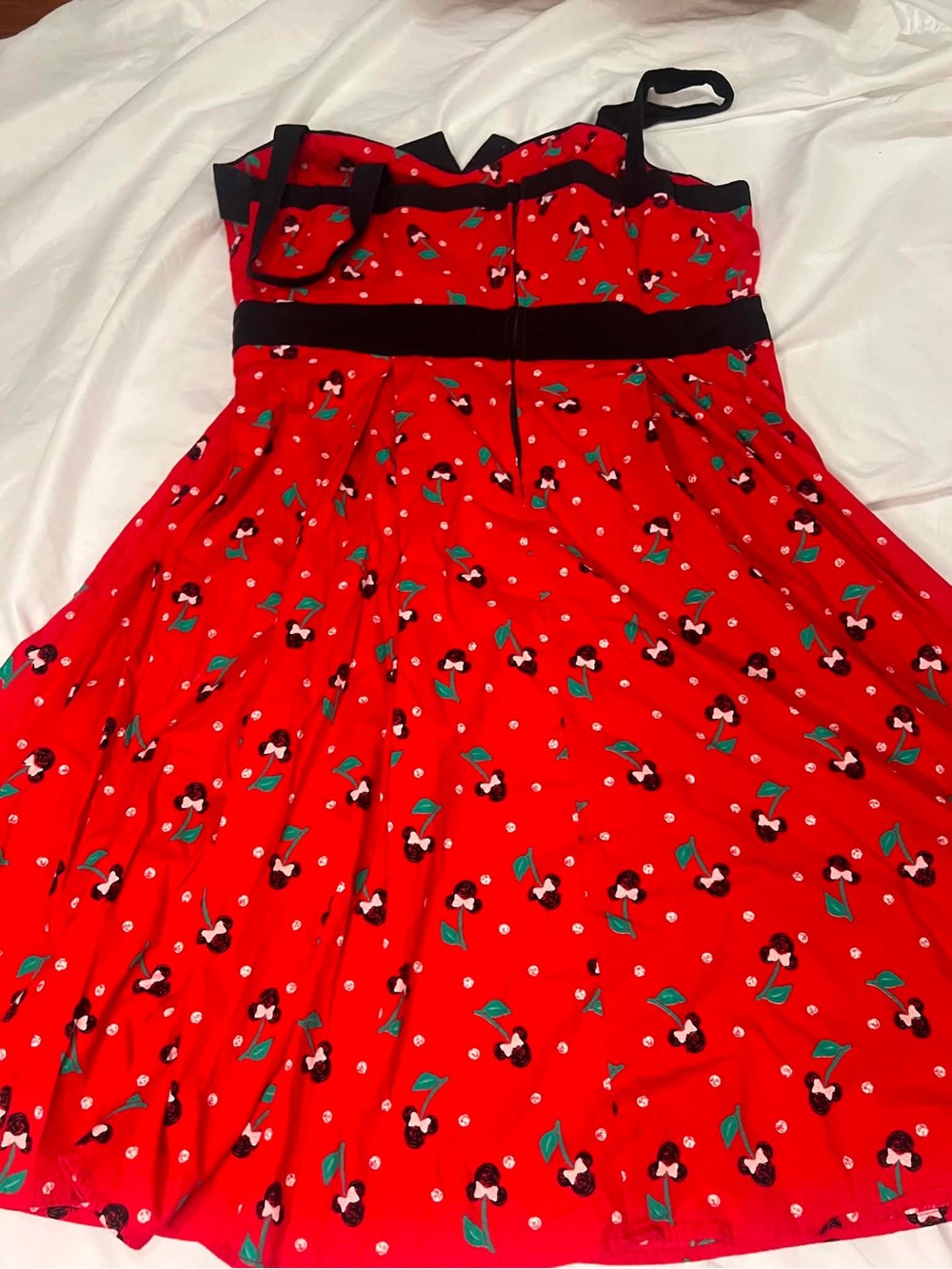 Disney Red Midi Dress with Black Trim and Green Floral Accents